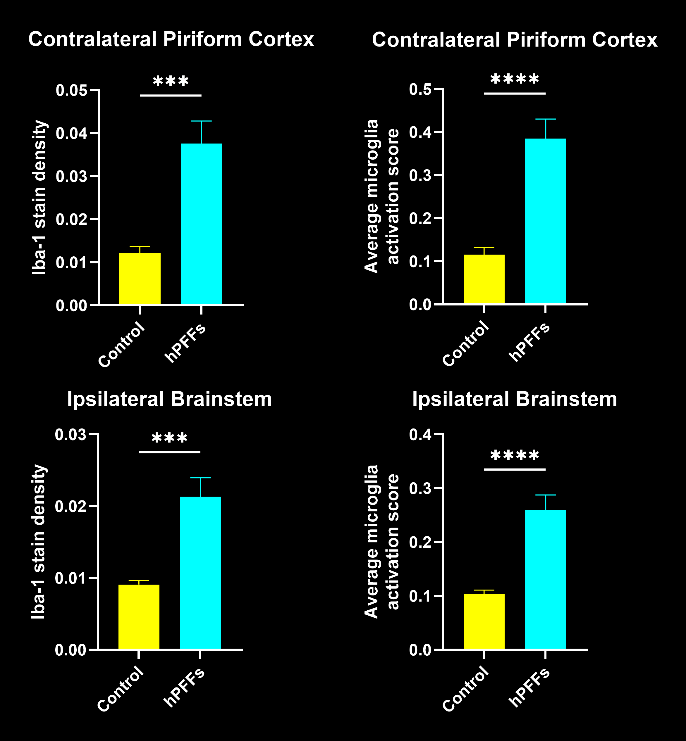 Graph showing the increase in statistical significance in the microgliosis quantification with the morphological analysis in the hPFFs group as compared to control