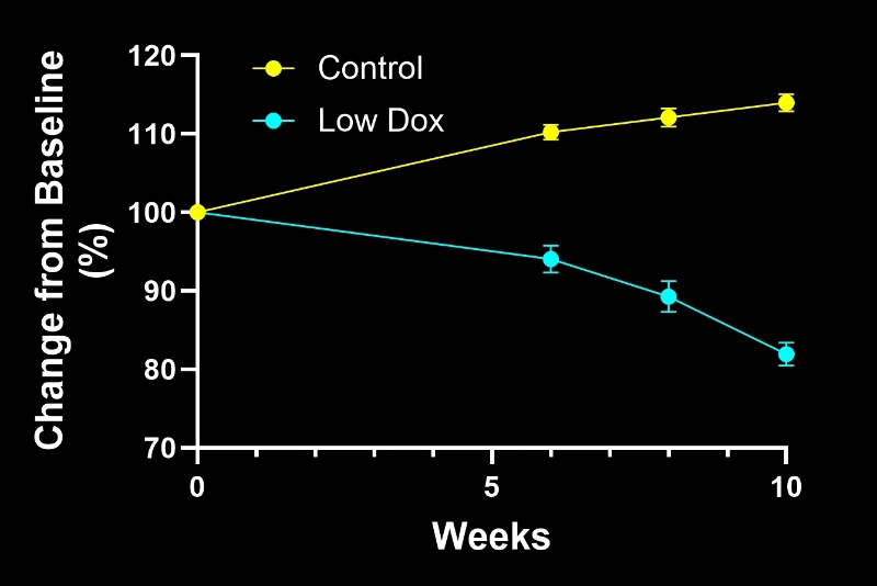 Graphique illustrant l'évolution du volume musculaire entre les souris Low Dox et les souris témoins sur une période de 10 semaines après l'induction du modèle.